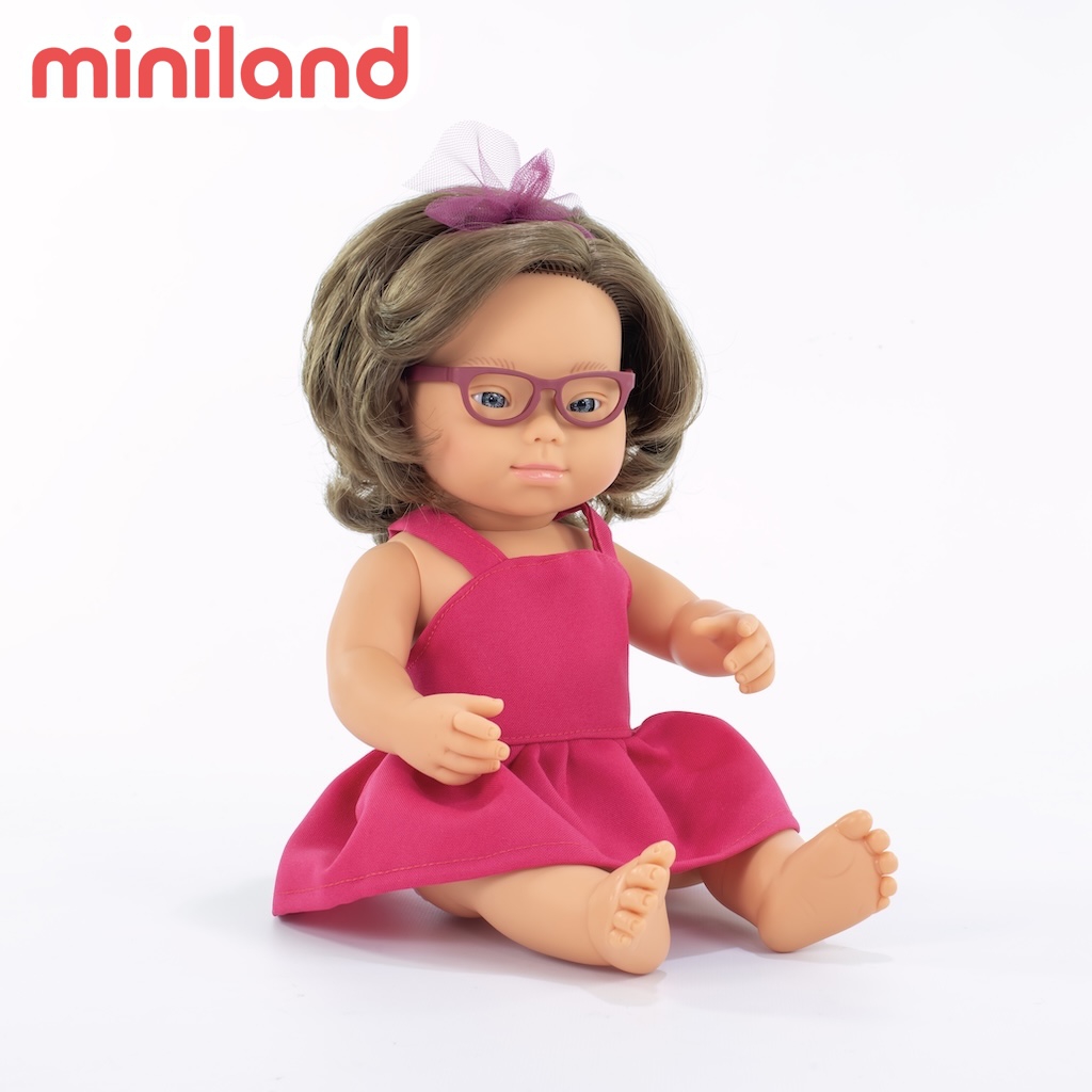 【西班牙miniland】MF&M小米藍白人娃娃-唐氏症附眼鏡（女孩38公分）__ML000360